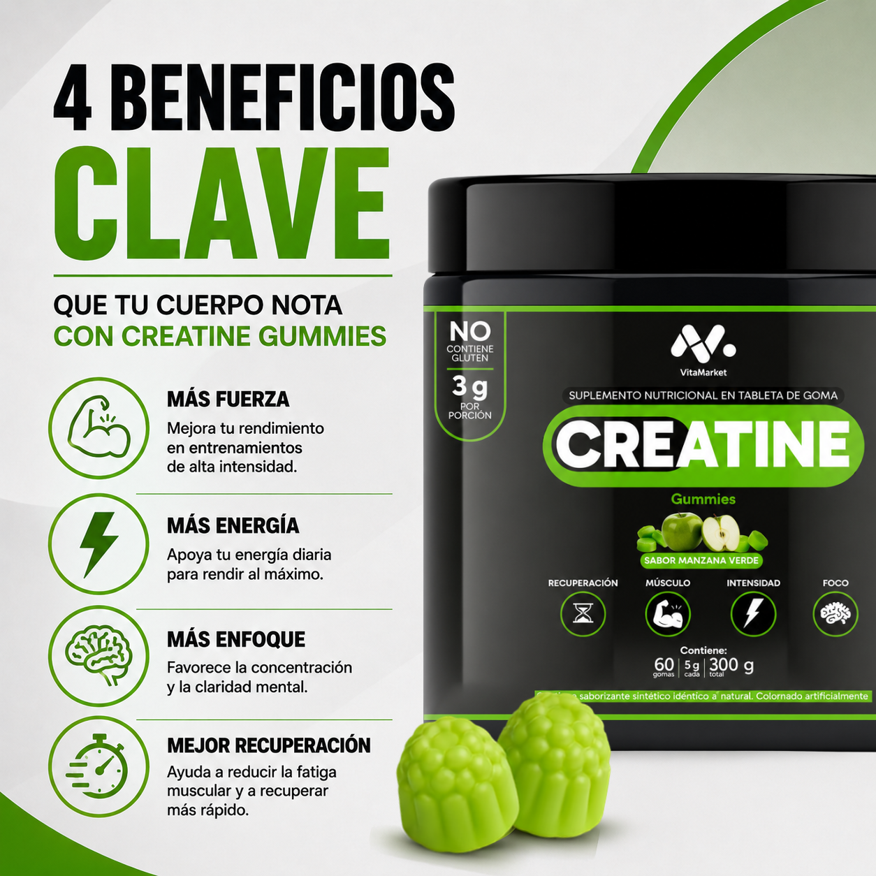 CREATINA GUMMIES SABOR MANZANA VERDE