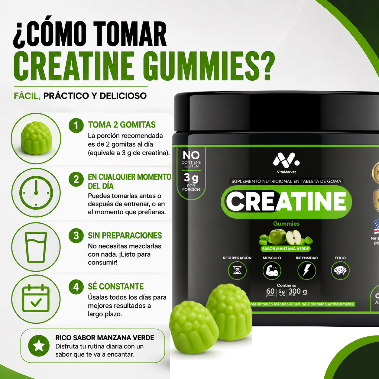 CREATINA GUMMIES SABOR MANZANA VERDE